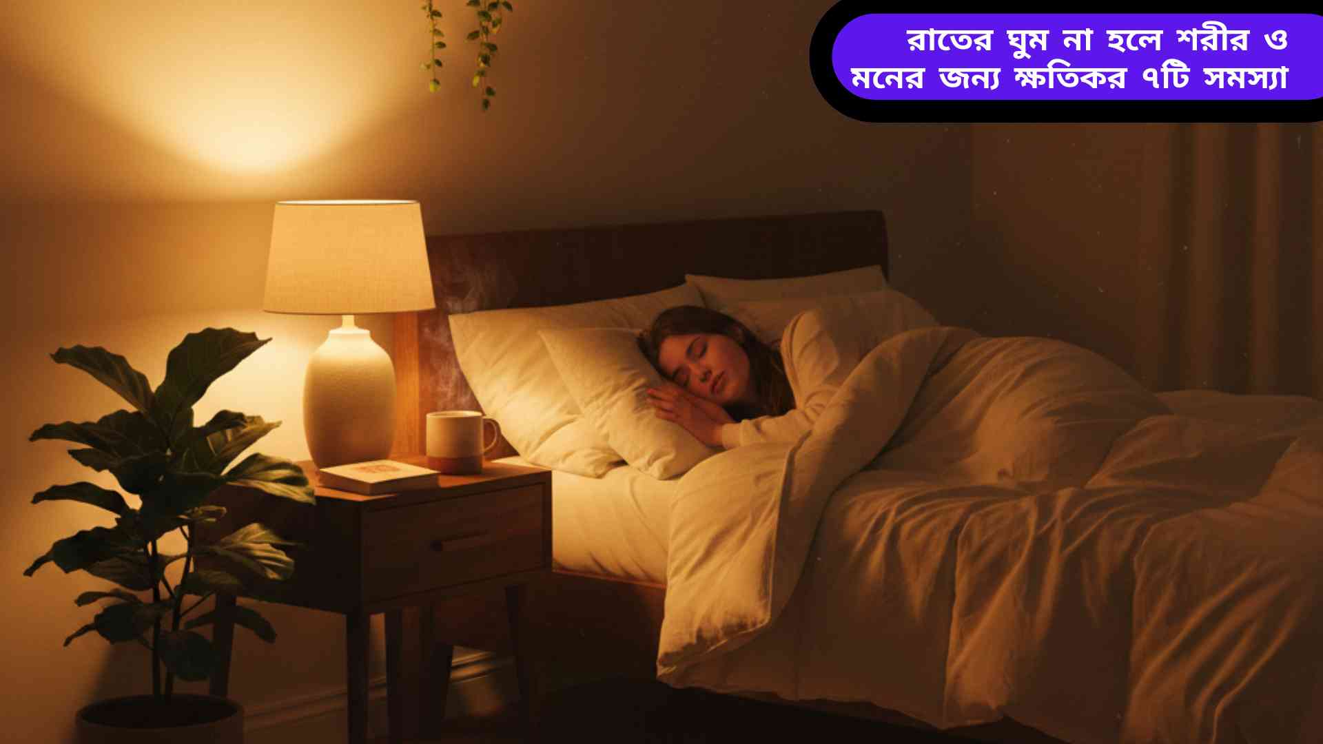 একটি শান্ত ও আরামদায়ক শয়নকক্ষ, যেখানে একজন ব্যক্তি সুন্দরভাবে ঘুমাচ্ছেন, পাশে আলোকিত ল্যাম্প এবং হার্বাল চায়ের কাপ রাখা।