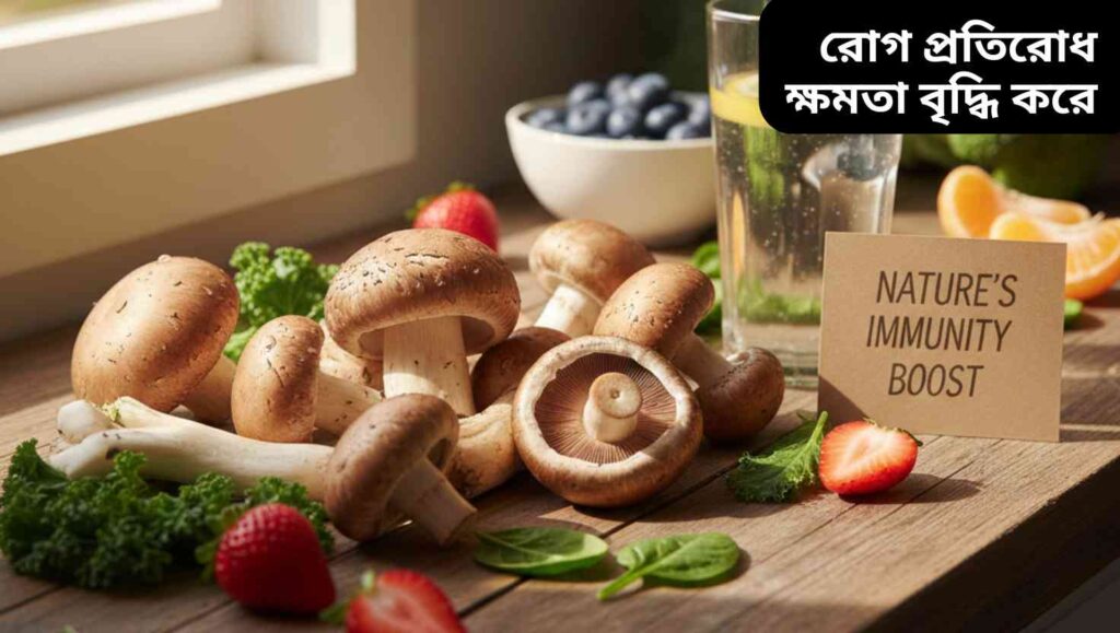 "মাশরুমের মাধ্যমে ইমিউনিটি বৃদ্ধি, রান্নাঘরের কনটারে তাজা মাশরুম এবং স্বাস্থ্যকর উপাদানসহ প্রাকৃতিক দৃশ্য।"