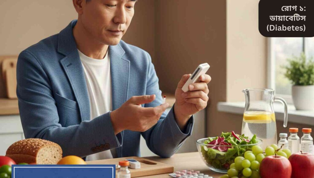 “ডাক্তার একটি ক্লিনিকে রোগীকে পরামর্শ দিচ্ছেন, যার পেছনে মেডিকেল চার্ট এবং সরঞ্জাম রয়েছে, যা সাধারণ রোগ ও তাদের চিকিৎসা নির্দেশ করছে।”