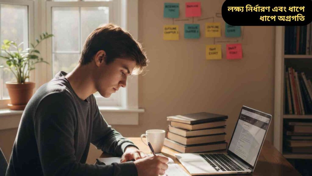 "একজন মনোযোগী শিক্ষার্থী ডেস্কে বই ও ল্যাপটপ নিয়ে পরিকল্পনা লিখছে, ধাপে ধাপে লক্ষ্য অর্জনের প্রচেষ্টা দেখাচ্ছে।"