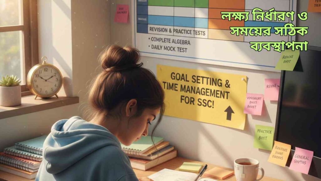 "একটি সংগঠিত স্টাডি ডেস্ক, সময়সূচি এবং লক্ষ্য লিখতে থাকা একজন মনোযোগী শিক্ষার্থী, এসএসসি প্রস্তুতির জন্য লক্ষ্য নির্ধারণ ও সময় ব্যবস্থাপনা প্রদর্শন করছে।"