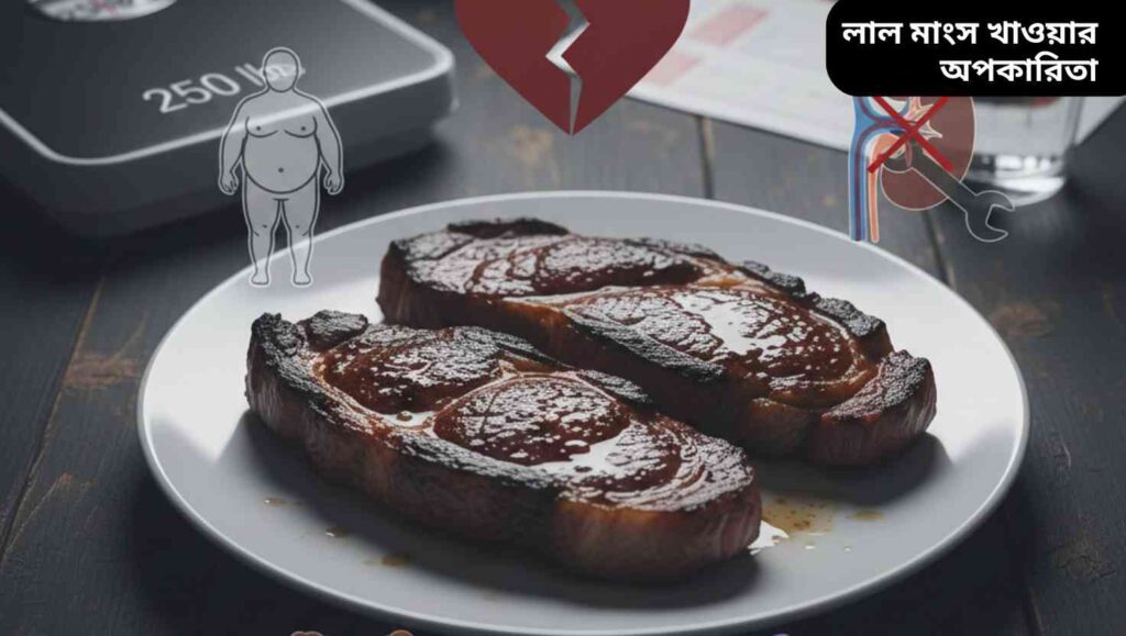 "লাল মাংস খাওয়ার ক্ষতিকর প্রভাব যেমন হৃদরোগ, কিডনিতে চাপ, ওজন বৃদ্ধি, পেটের সমস্যা এবং ক্যানসারের ঝুঁকি চিত্রিত।"