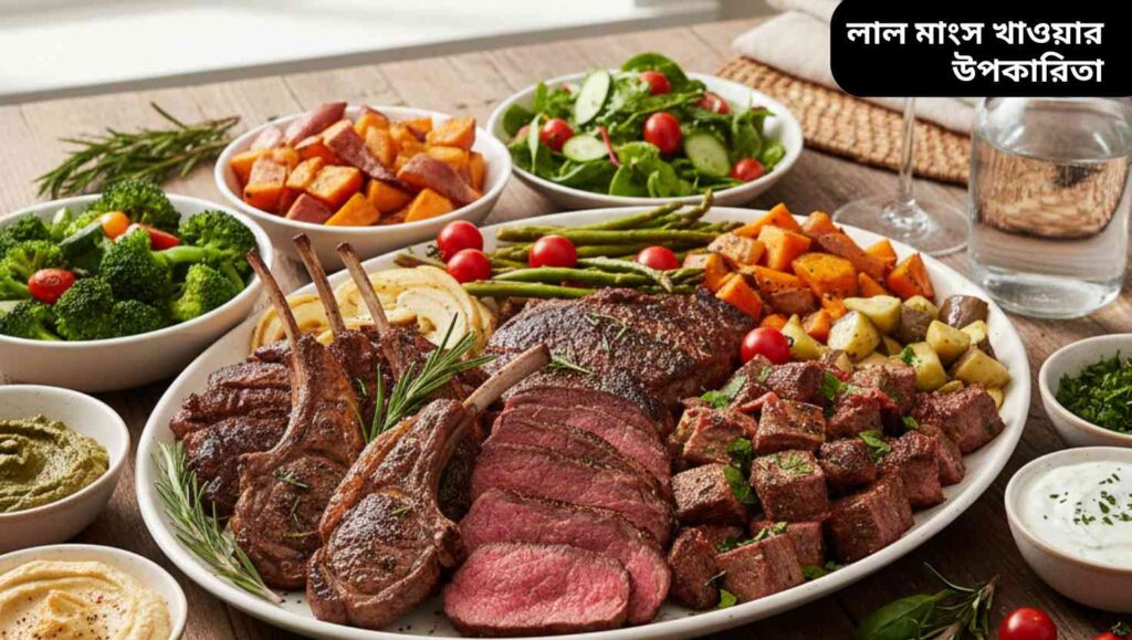 লাল মাংসের উপকারিতা ও ক্ষতির জন্য স্বাস্থ্যকর খাবারের সুন্দর উপস্থাপন, যেখানে গরু, ভেড়া ও ছাগলের মাংস সবজি ও হার্বের সঙ্গে রাখা হয়েছে।