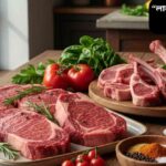 "কাঠের টেবিলের উপর সাজানো তাজা লাল মাংস, পাশে শাকসবজি, টমেটো এবং হার্বস, প্রাকৃতিক আলোতে ফুটে উঠেছে।"