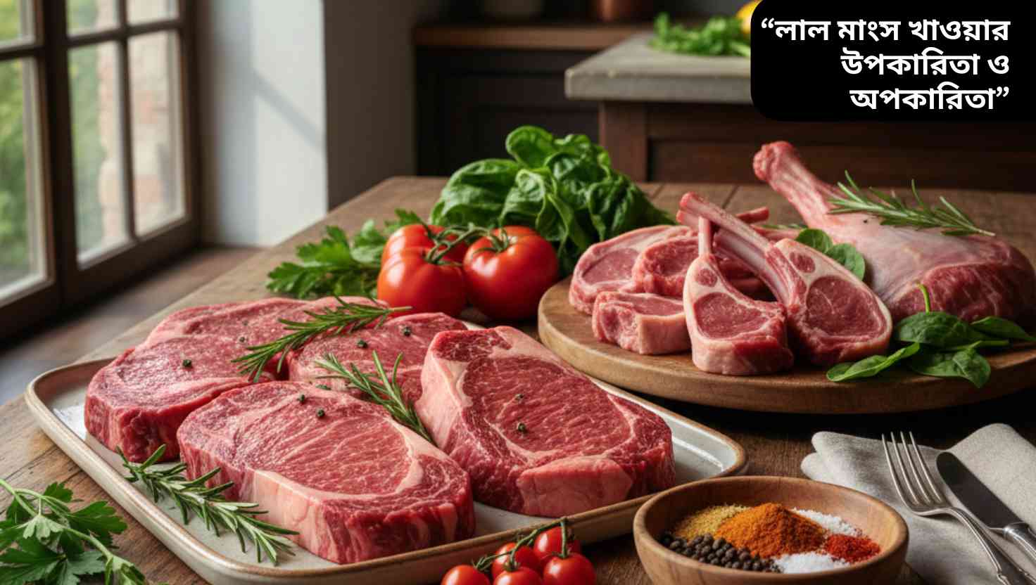 "কাঠের টেবিলের উপর সাজানো তাজা লাল মাংস, পাশে শাকসবজি, টমেটো এবং হার্বস, প্রাকৃতিক আলোতে ফুটে উঠেছে।"