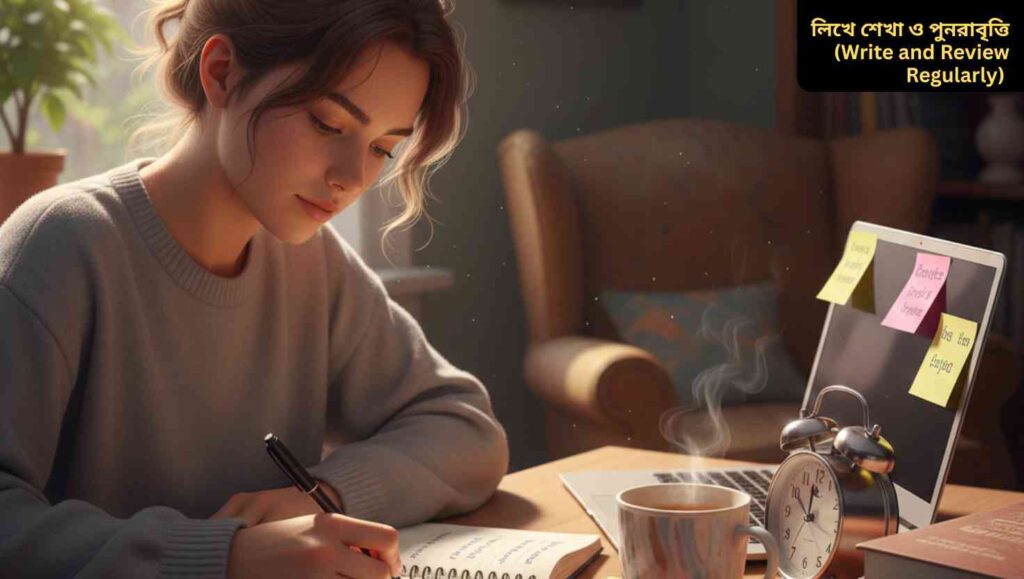 একটি ছাত্র নতুন ইংরেজি শব্দ এবং বাক্য একটি নোটবুকে লিখছে, নিয়মিত অনুশীলনের মাধ্যমে মস্তিষ্কে তথ্য স্থায়ী করছে।