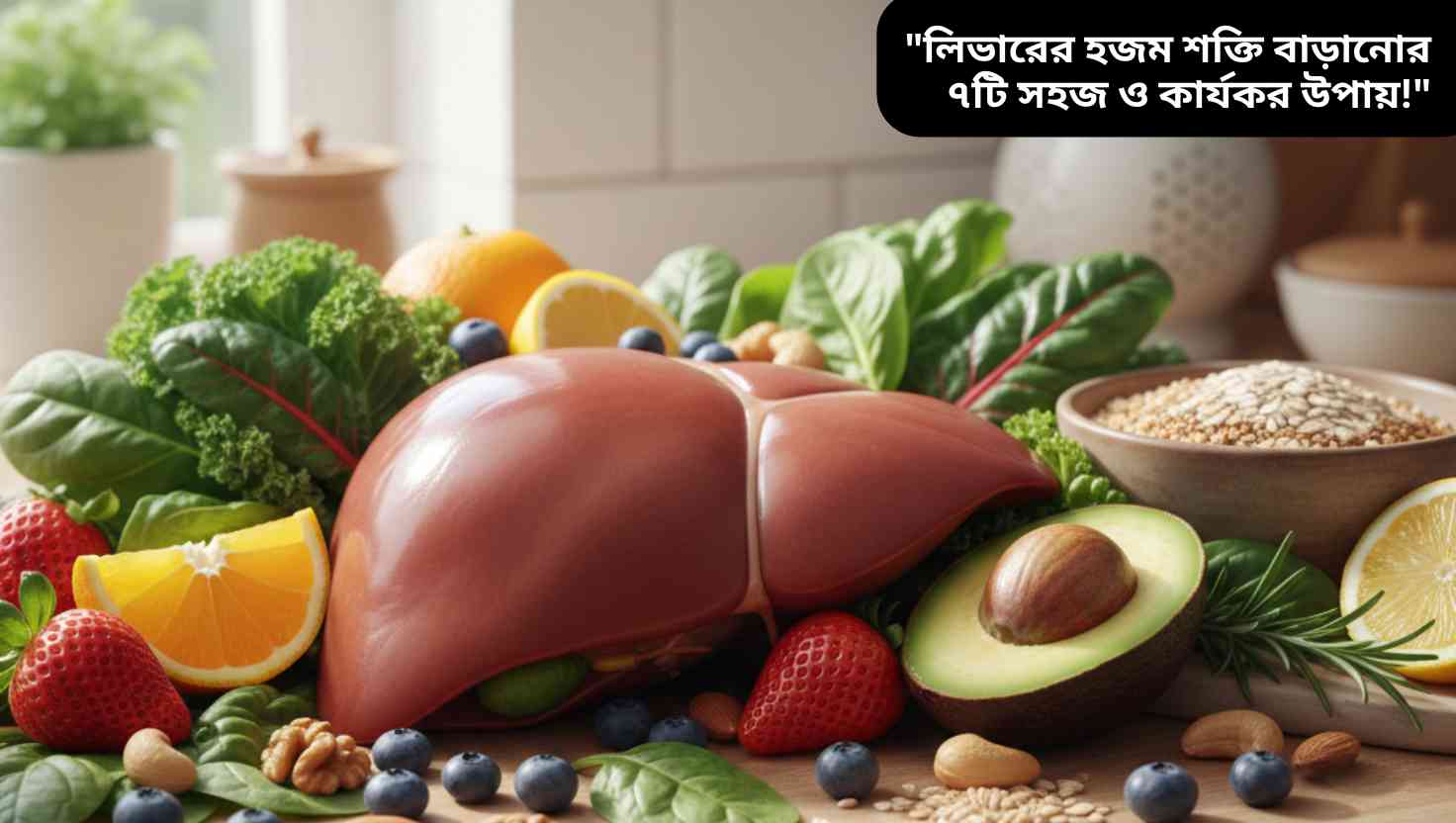 সুস্থ লিভার এবং হজমকে উন্নত করার জন্য স্বাস্থ্যকর খাদ্য যেমন শাক-সবজি, ফল, বাদাম ও শস্যজাতীয় খাবারের ছবি।