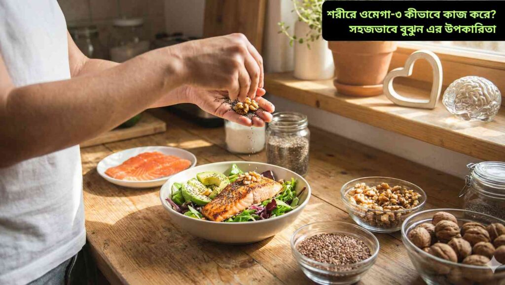 ওমেগা-৩ সমৃদ্ধ খাবার যেমন মাছ, আখরোট ও ফ্ল্যাক্সসিড স্বাস্থ্যকর জীবনধারার জন্য।