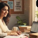 "Focused Bangladeshi student studying at a desk with books and laptop, looking confident and attentive."
