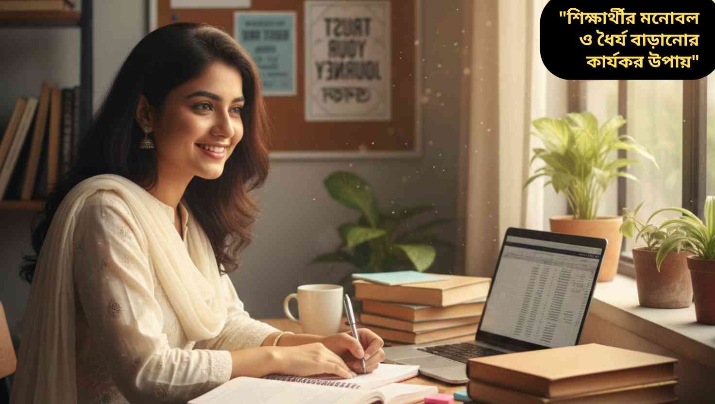 "Focused Bangladeshi student studying at a desk with books and laptop, looking confident and attentive."
