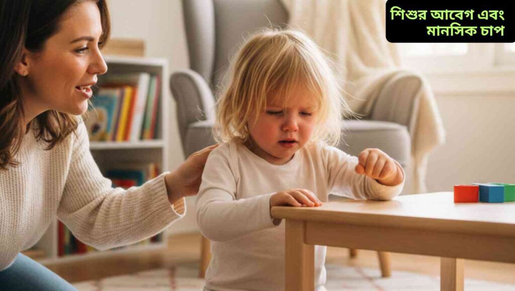 একটি ছোট শিশু বিরক্ত এবং মানসিক চাপ অনুভব করছে, পাশে থাকা বাবা-মা শান্তভাবে তাকে বোঝানোর চেষ্টা করছেন।