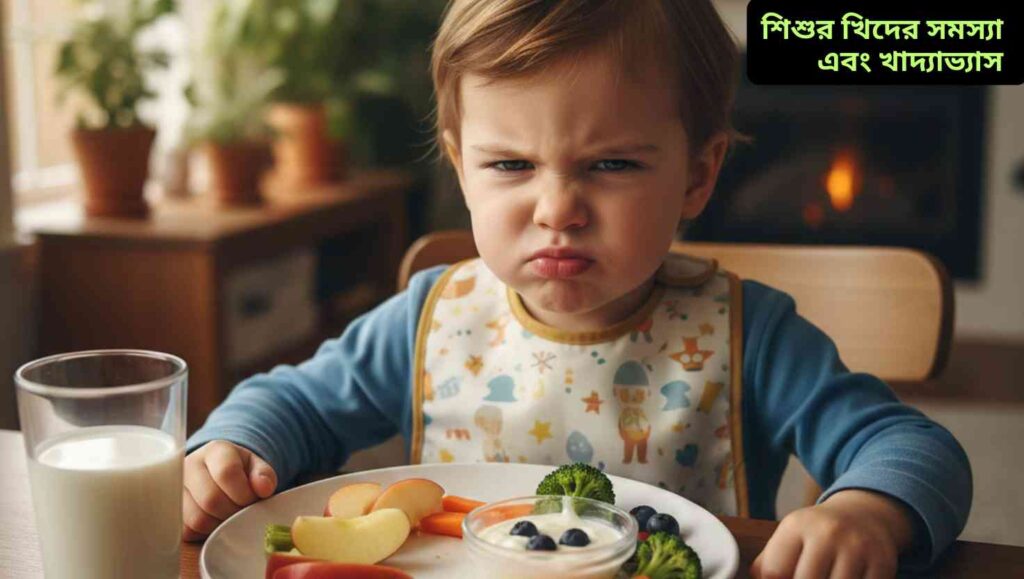 "একটি ছোট শিশু ডাইনিং টেবিলে বসে খিটখিটে মুখভঙ্গি করছে, সামনে স্বাস্থ্যকর খাবারের প্লেট রয়েছে, যেমন ফল, সবজি এবং দুধ।"