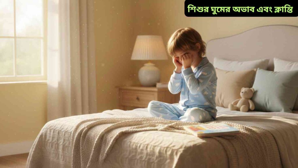 একটি ছোট শিশু মাটিতে বসে খিটখিটে অভিব্যক্তি দেখাচ্ছে, পাশে একটি ধৈর্যশীল অভিভাবক শান্তভাবে তাকে শান্ত করার চেষ্টা করছে।