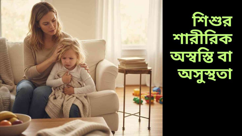 একটি বাস্তব শিশু যিনি শারীরিক অসুবিধার কারণে বিরক্ত ও অস্বস্তিতে, তার পেট বা গাল ধরে বসে আছেন, পাশে বাবা-মা সহানুভূতিপূর্ণভাবে তাকে শান্ত করার চেষ্টা করছেন।