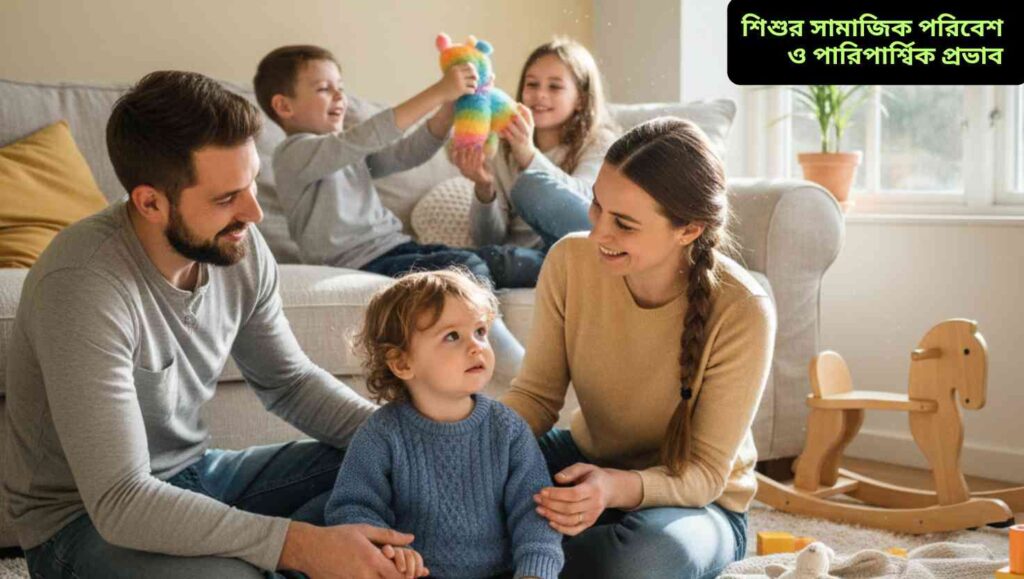 একটি শিশু শান্তভাবে বসে আছে, তার পরিবারের সদস্যরা ভালোবাসা ও সহানুভূতিশীলভাবে তার সঙ্গে মিশেছে, নিরাপদ ও সুখী পরিবেশে।