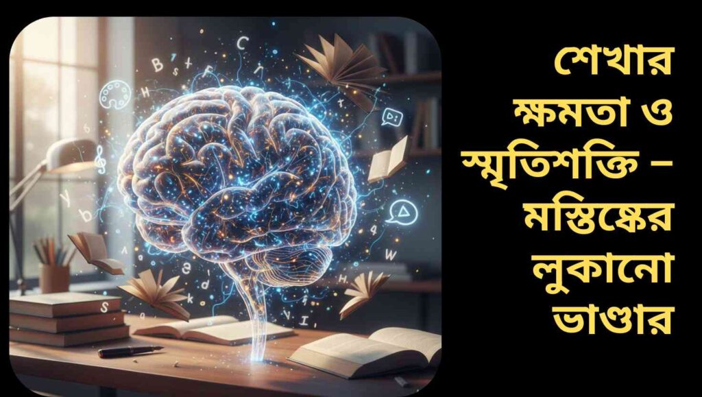 মানব মস্তিষ্কের একটি বাস্তব চিত্র, যেখানে স্নায়ুকণিক সংযোগ জ্বলে উঠছে, এবং শেখা ও জ্ঞানের প্রতীকগুলি চারপাশে ভাসছে, যা মস্তিষ্কের স্মরণশক্তি ও শেখার ক্ষমতা প্রকাশ করছে।