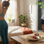 সকালের ঘুম দূর করার বিভিন্ন উপায় দেখানো একটি উজ্জ্বল এবং সতেজ সকাল—হালকা নাস্তা, স্ট্রেচিং, সূর্যালোক, পানি পান ও মুখ ধোয়া।