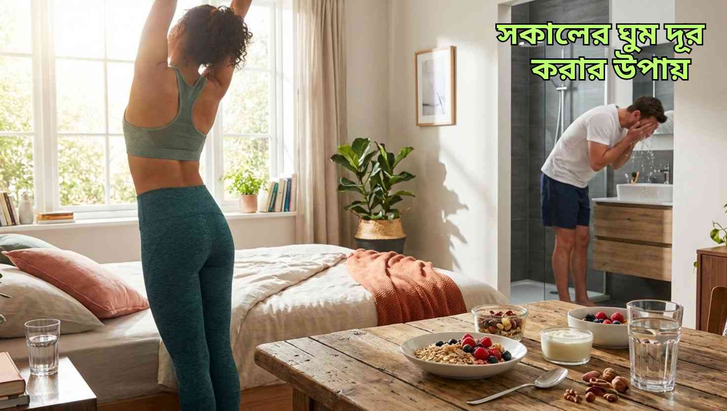 সকালের ঘুম দূর করার বিভিন্ন উপায় দেখানো একটি উজ্জ্বল এবং সতেজ সকাল—হালকা নাস্তা, স্ট্রেচিং, সূর্যালোক, পানি পান ও মুখ ধোয়া।