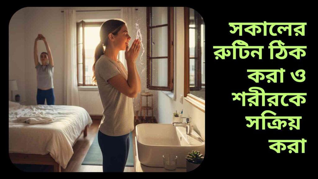 "সকালের রুটিন শুরু করছে একজন তরুণ, মুখ ধুয়ে, হালকা স্ট্রেচিং করছে, জানালা দিয়ে সূর্যের আলো প্রবাহিত হচ্ছে, সতেজ এবং সতর্ক।"