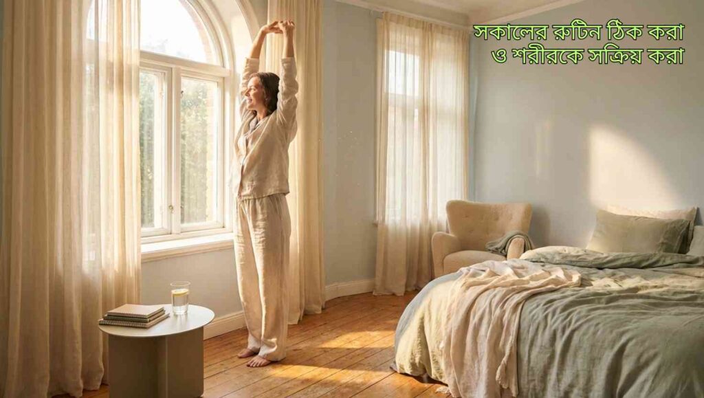 সকালের আলোতে সতেজ এবং সতর্ক অবস্থায় একজন ব্যক্তি জানালার পাশে স্ট্রেচ করছেন, পাশে পানি আছে, দিনের শুরুতে সতেজতা ও কর্মক্ষমতা প্রদর্শন।