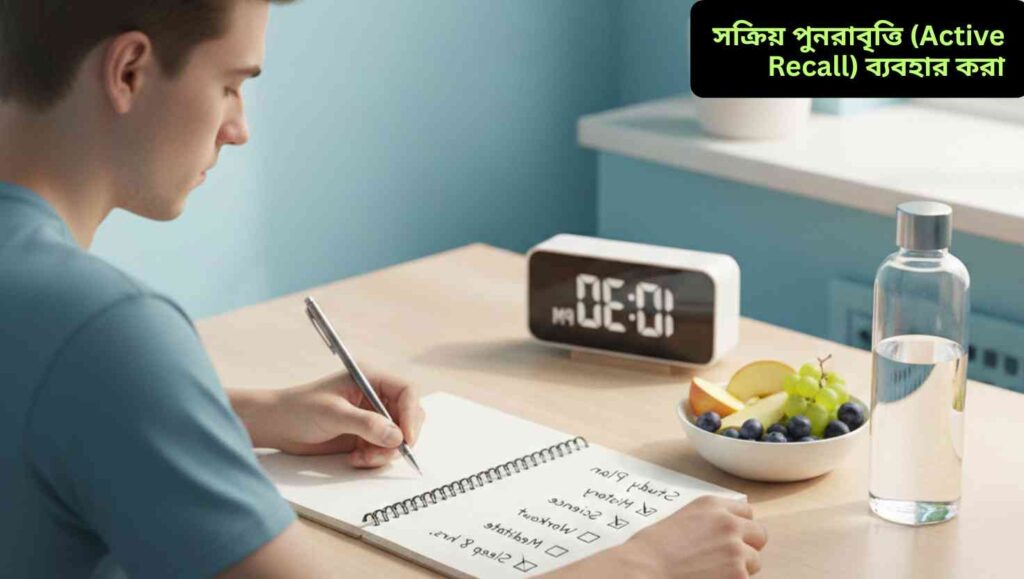 পরীক্ষার প্রস্তুতির জন্য পরিকল্পিত পড়াশোনা ও শারীরিক–মানসিক সুস্থতা বজায় রাখার দৃশ্য, যেখানে একজন শিক্ষার্থী পড়ার টেবিলে মনোযোগ দিয়ে বসে আছে।