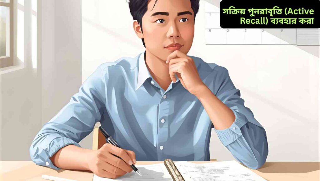 পরীক্ষার প্রস্তুতির জন্য একজন শিক্ষার্থী পরিকল্পিত স্টাডি প্ল্যান অনুযায়ী ফ্ল্যাশকার্ড ব্যবহার করে অ্যাকটিভ রিকল পদ্ধতিতে পড়াশোনা করছে।
