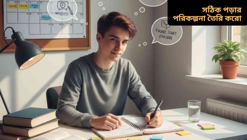 মনোযোগী ছাত্র এসএসসি পরীক্ষার জন্য বই ও নোট দিয়ে প্রস্তুতি নিচ্ছে, পিছনে ক্যালেন্ডার ও প্রেরণাদায়ক পোস্টার।