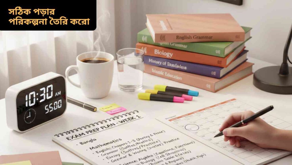 এসএসসি পরীক্ষার জন্য সঠিক স্টাডি প্ল্যান তৈরি করার নোটবুক সহ একটি পড়াশোনার ডেস্ক।