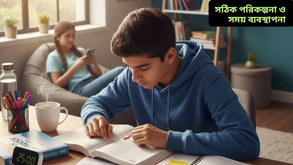 একজন কিশোর ছাত্র ডেস্কে বসে বই ও প্ল্যানার নিয়ে পড়াশোনা করছে, অন্য একজন ছাত্র পেছনে মনোযোগ ভেঙে ফোন দেখছে, পরীক্ষার জন্য সঠিক পরিকল্পনা ও সময় ব্যবস্থাপনার গুরুত্ব দেখাচ্ছে।