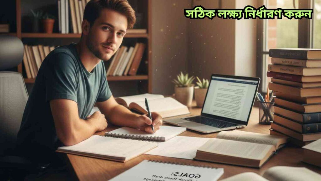 একটি শিক্ষার্থী ডেস্কে বসে বই ও ল্যাপটপের সঙ্গে মনোনিবেশ করে পড়াশোনা করছে।