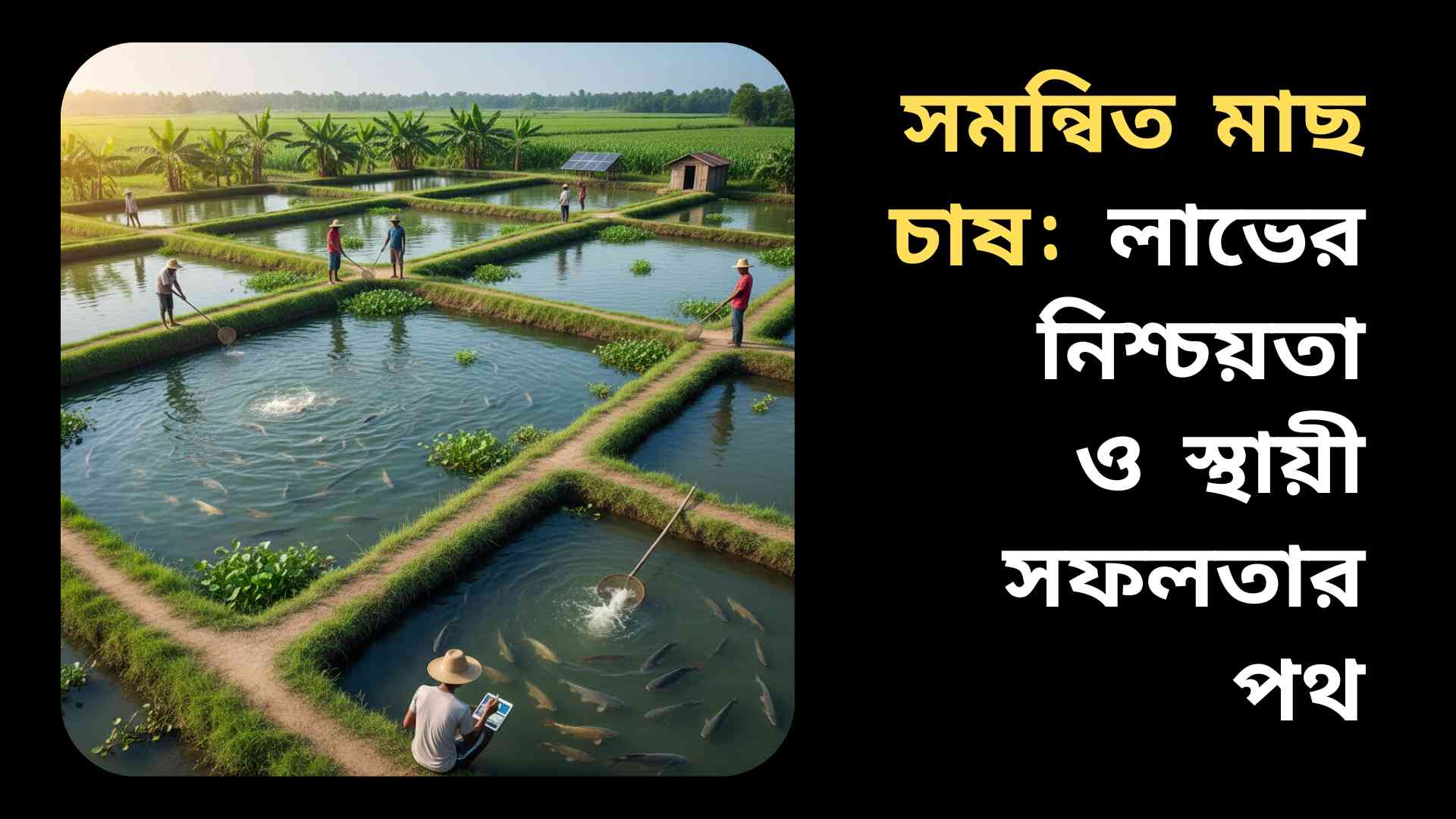 বাংলাদেশের একটি সুস্থ ও টেকসই সমন্বিত মাছ চাষের পুকুর, যেখানে বিভিন্ন প্রজাতির মাছ দেখা যাচ্ছে এবং চাষিরা পুকুর পরিদর্শন করছেন।