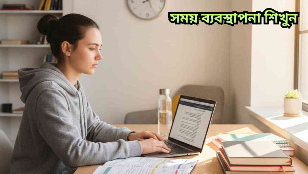 একজন মনোযোগী ছাত্র একটি সুষ্ঠু ডেক্সে পড়াশোনা করছে, প্ল্যানার, ঘড়ি ও বইগুলো সুন্দরভাবে সাজানো।