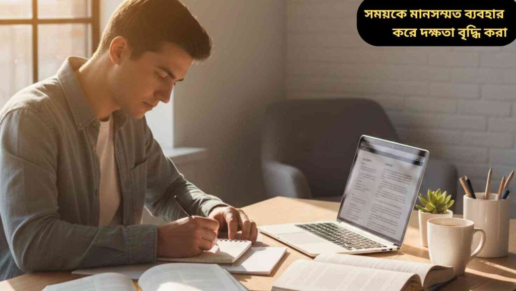 একজন তরুণ একজন আধুনিক পড়াশোনার ঘরে ডেস্কে বসে মনোযোগ দিয়ে নোট লিখছেন, ল্যাপটপ ও বইয়ের পাশে।