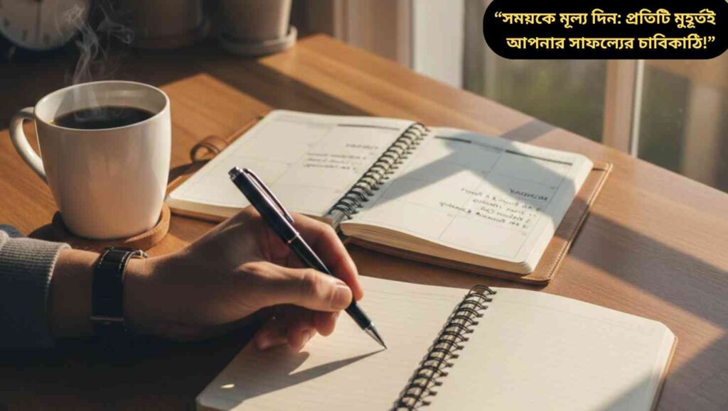"একটি সুসংগঠিত ডেস্কে একজন ব্যক্তি নোটবুকে লিখছেন, সাথে কফি এবং কলম, যা সময় ব্যবস্থাপনা ও পরিকল্পনার প্রতীক।"