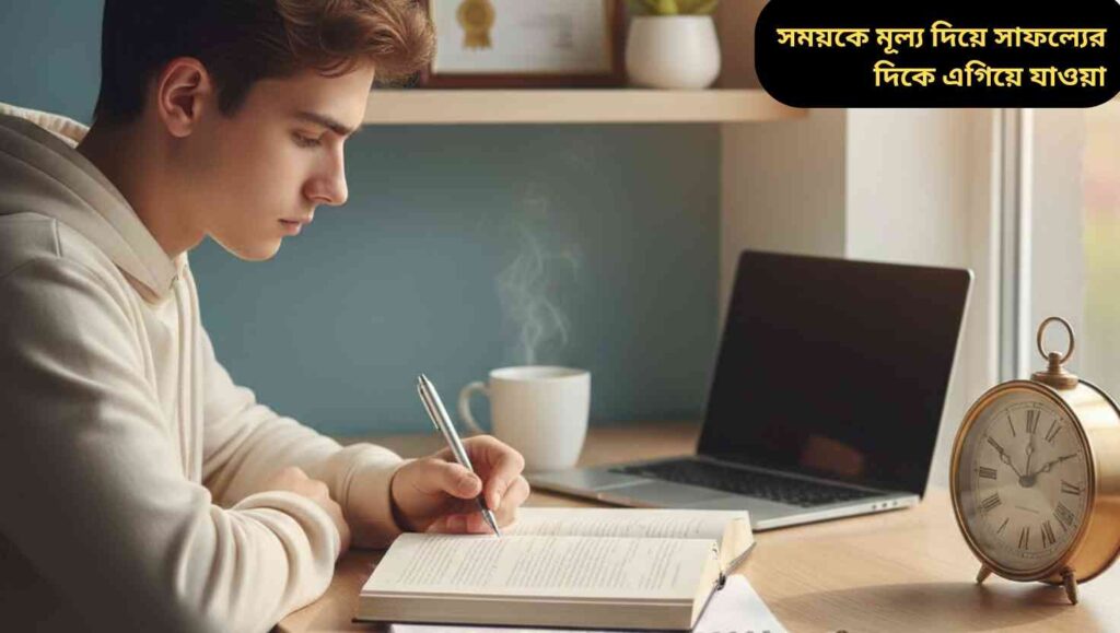 একজন মনোযোগী ছাত্র ডেস্কে বই, নোটবুক ও ঘড়ি দিয়ে পড়ছে, সময়কে মূল্য দিয়ে সফলতার দিকে এগিয়ে যাওয়ার প্রতীক।