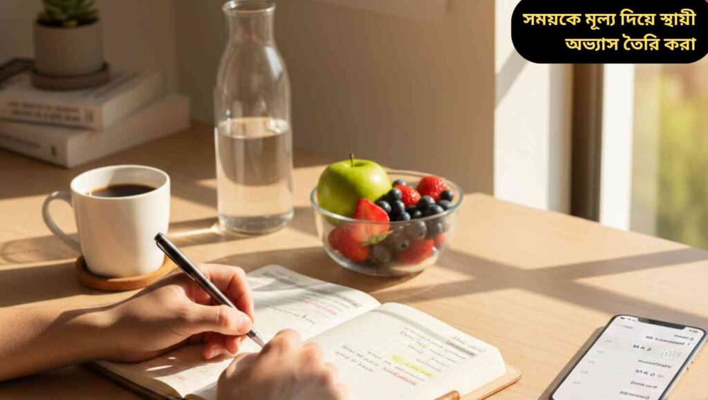 সূর্যালোকিত ডেস্কে পরিকল্পনা বইয়ে লেখা মানুষ, স্বাস্থ্যকর নাস্তা ও কফি সহ, সময় ব্যবস্থাপনা এবং ভালো অভ্যাসের প্রতীক।