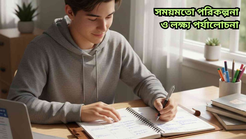 একজন শিক্ষার্থী ডেস্কে বসে পড়াশোনার পরিকল্পনা ও লক্ষ্য পর্যালোচনা করছে—নোটবুক ও স্টাডি ম্যাটেরিয়ালসহ বাস্তব দৃশ্য।