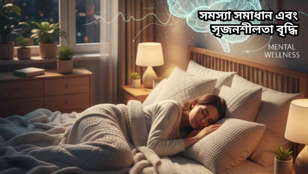 "রাতের ঘুমে গভীর নিদ্রায় থাকা একজন ব্যক্তি, মস্তিষ্ক সক্রিয়ভাবে কাজ করছে এবং সৃজনশীলতা ও সমস্যা সমাধানের ধারণা তৈরি করছে।"