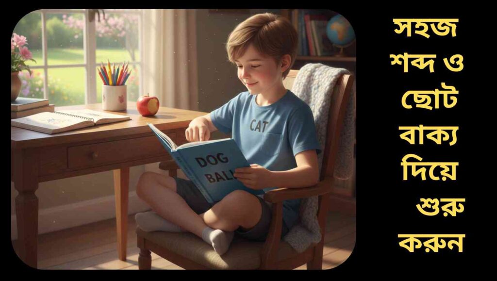 একটি শিশুই আনন্দের সাথে একটি সহজ ইংরেজি বই পড়ছে, সান্দ্র আলোয় ভরা ডেস্কে আপেল ও রঙিন পেন্সিল রয়েছে, ধাপে ধাপে শেখার প্রতি মনোযোগ দিচ্ছে।