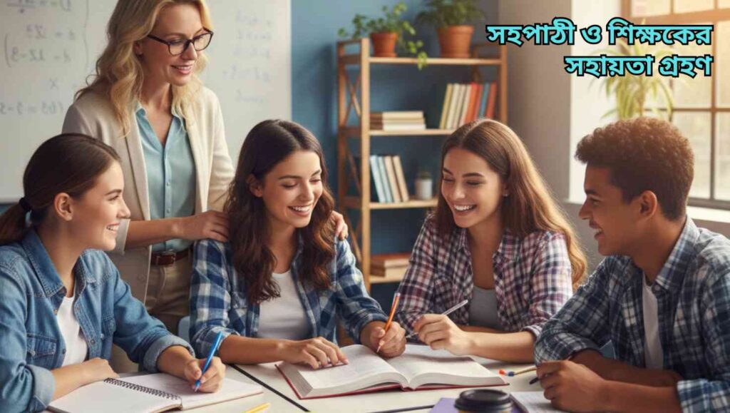 উজ্জ্বল ক্লাসরুমে শিক্ষক ও শিক্ষার্থীরা একসাথে পড়াশোনা করছে, বই ও নোট নিয়ে আলোচনা করছে।