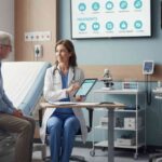 “ডাক্তার একটি ক্লিনিকে রোগীকে পরামর্শ দিচ্ছেন, যার পেছনে মেডিকেল চার্ট এবং সরঞ্জাম রয়েছে, যা সাধারণ রোগ ও তাদের চিকিৎসা নির্দেশ করছে।”