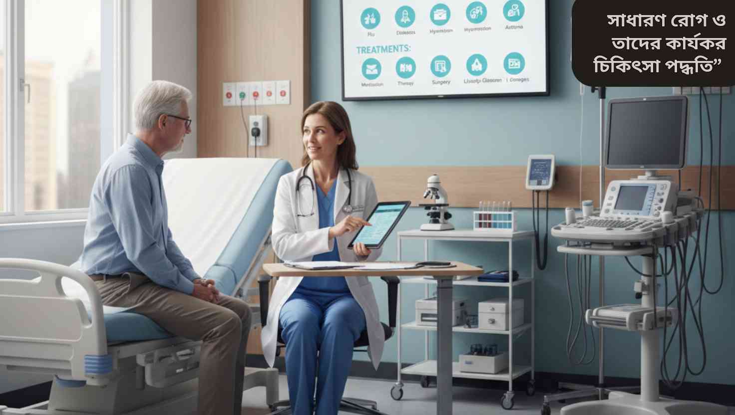 “ডাক্তার একটি ক্লিনিকে রোগীকে পরামর্শ দিচ্ছেন, যার পেছনে মেডিকেল চার্ট এবং সরঞ্জাম রয়েছে, যা সাধারণ রোগ ও তাদের চিকিৎসা নির্দেশ করছে।”
