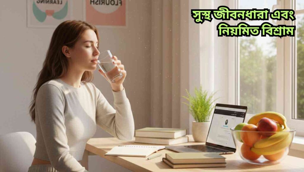 একটি শিক্ষার্থী ডেস্কে বসে বই ও ল্যাপটপের সঙ্গে মনোনিবেশ করে পড়াশোনা করছে।