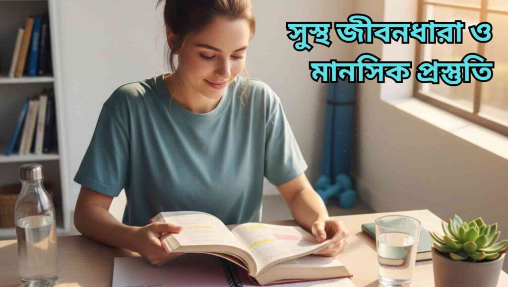 একজন শিক্ষার্থী সুস্থ জীবনধারা বজায় রেখে পরীক্ষার জন্য প্রস্তুতি নিচ্ছে, ডেস্কে পানি ও স্বাস্থ্যকর খাবারসহ পড়াশোনায় মনোযোগী।