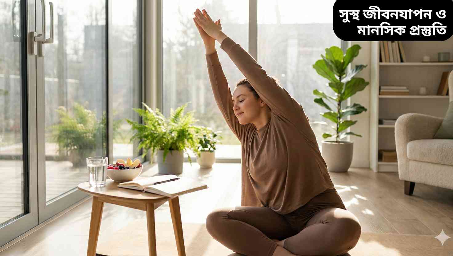 একটি শান্তিপূর্ণ সকালে ব্যায়াম ও সুস্থ জীবনযাপন প্রদর্শন করছে এমন দৃশ্য, যেখানে একজন ব্যক্তি হালকা স্ট্রেচিং করছে, পাশে ফল এবং পানি রাখা রয়েছে।