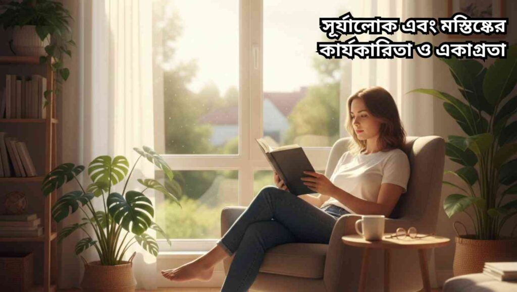 "প্রাকৃতিক আলোতে ভরা জানলার পাশে বই পড়া বা ল্যাপটপে কাজ করা ব্যক্তি, মনোযোগ ও মস্তিষ্কের কার্যকারিতা বাড়াচ্ছে।"