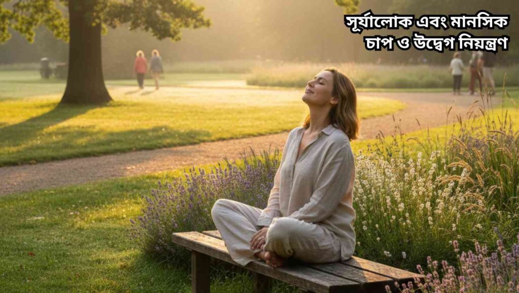 সূর্যালোকের নিচে শান্তভাবে বসে থাকা বা হাঁটছে এমন একজন মানুষ, মানসিক চাপ ও উদ্বেগ কমানোর দৃশ্য।