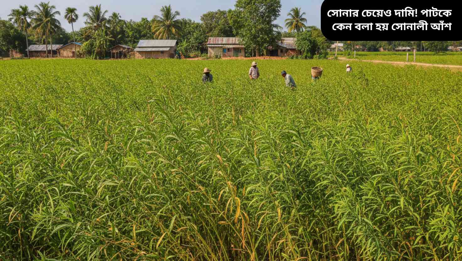 বাংলাদেশের উর্বর মাঠে লম্বা সবুজ পাটের গাছ, যেগুলি সূর্যের আলোয় সোনার মতো দীপ্তিময় দেখাচ্ছে।