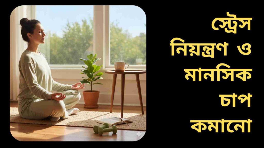 "সূর্যালোকিত ঘরে ধ্যানরত একজন ব্যক্তি, পাশে গাছ, চায়ের কাপ এবং হালকা ব্যায়ামের সরঞ্জাম, যা চাপ কমানো এবং মানসিক সুস্থতার প্রতীক।"