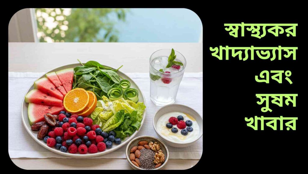 "ফল, শাকসবজি, বাদাম, চিয়া বীজ, দই এবং পানি সহ স্বাস্থ্যকর ও সুষম খাদ্য, যা মাথার তালু ঠান্ডা রাখতে এবং মস্তিষ্ক সতেজ রাখতে সাহায্য করে।"